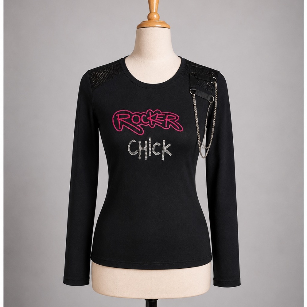 Y2K Rocker Chick Long-Sleeve Top, SM, Mesh Chain-FANG Hot Topic, Alt Girl, Emo